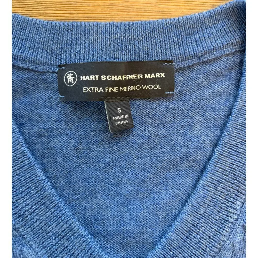 Hart Schaffner Marx 100% Extra Fine Merino Wool V-Neck Sweater Blue Men's Small